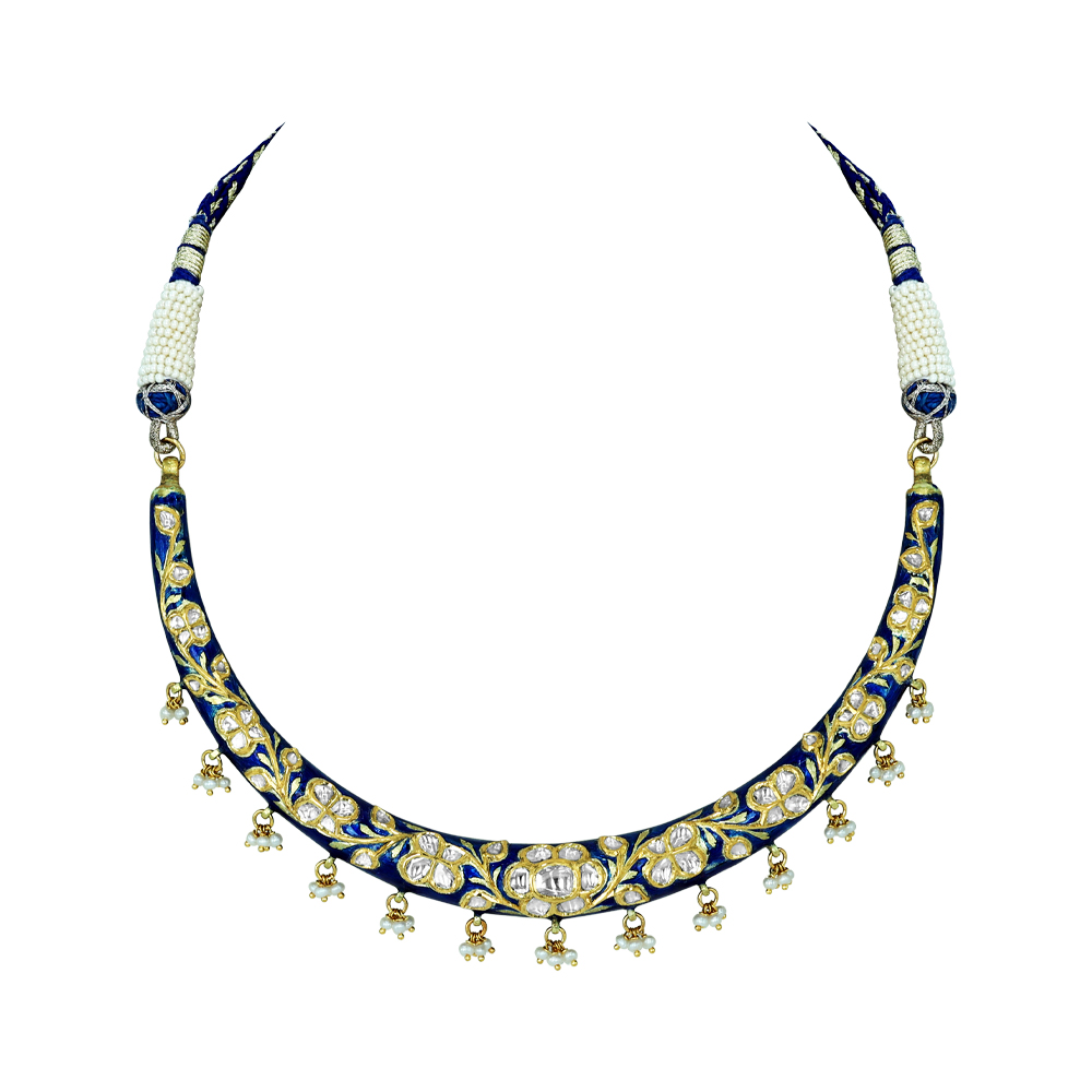 Blue Enamel Polki Hasli with Floral Design and Pearl Drops
